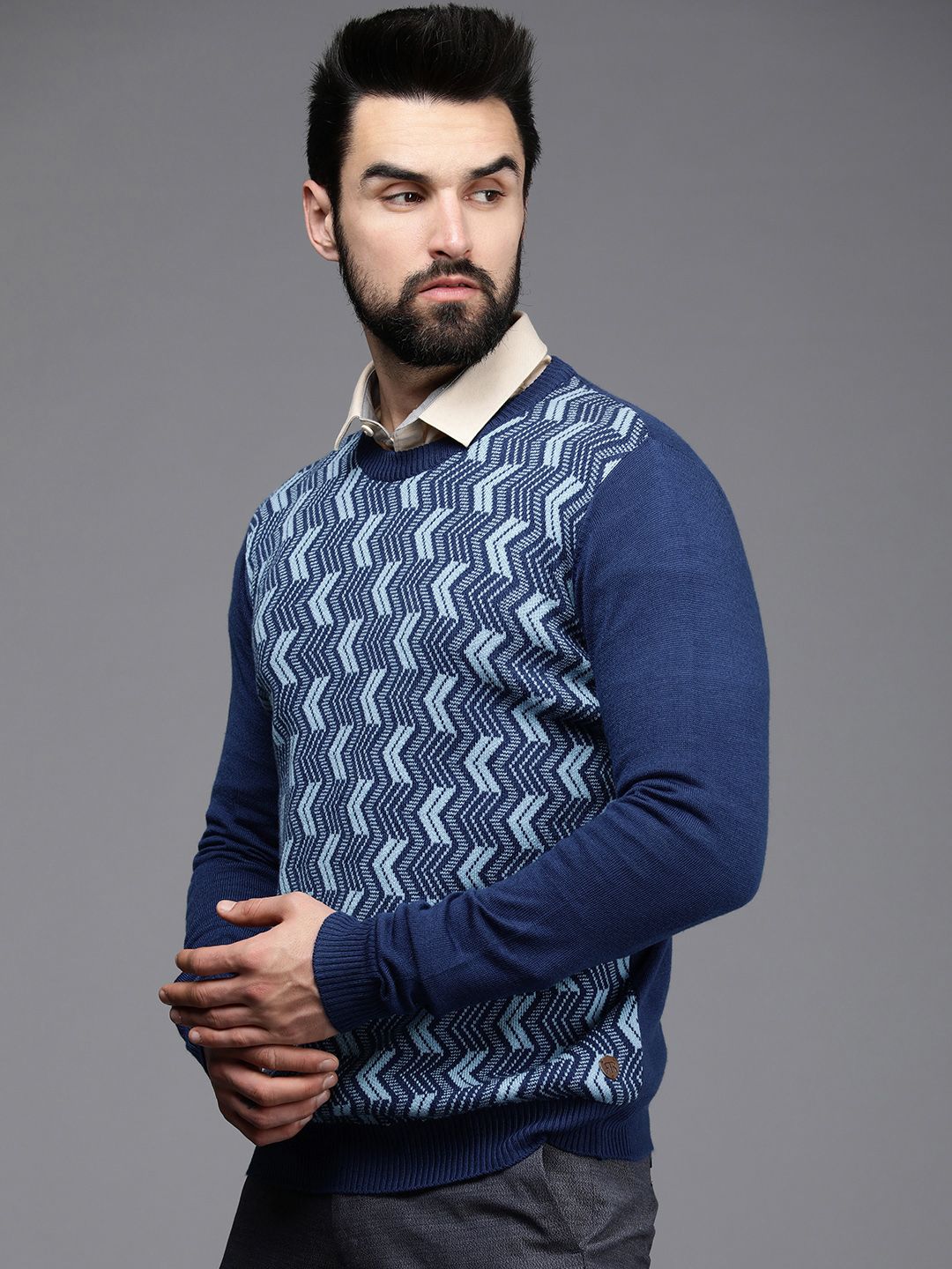 Raymond Men Blue Chevron Printed Pullover