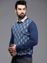 Raymond Men Blue Chevron Printed Pullover