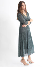 RAREISM Self Design Cuffed Sleeves Fit & Flare Midi Dress