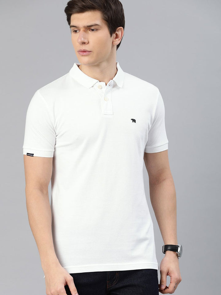THE BEAR HOUSE Men White Solid Slim Fit Polo Collar Pure Cotton T-shirt