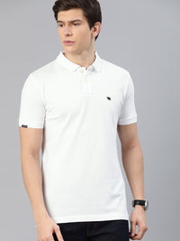 THE BEAR HOUSE Men White Solid Slim Fit Polo Collar Pure Cotton T-shirt