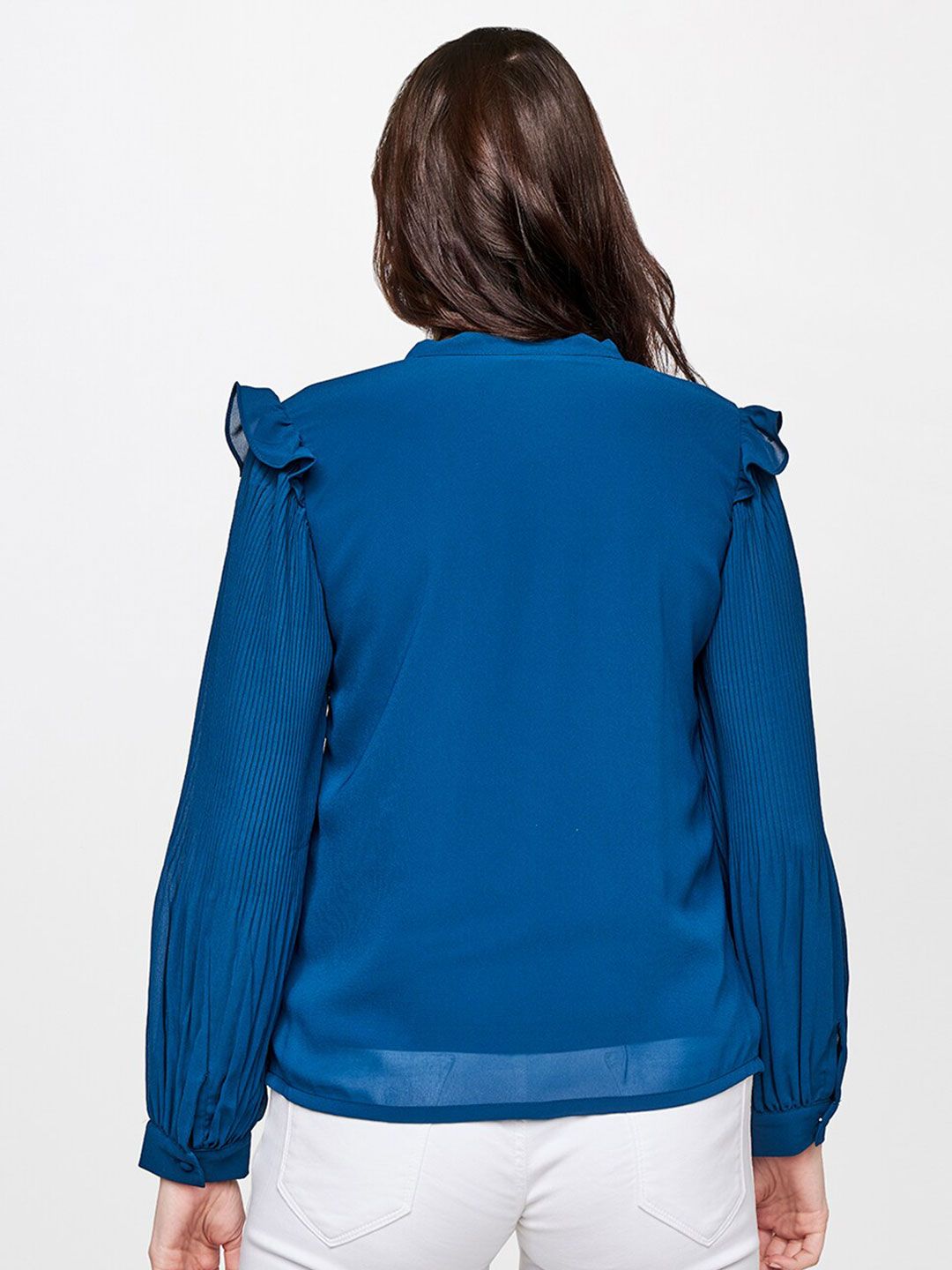 AND Teal Tie-Up Neck Bishop Sleeves Top