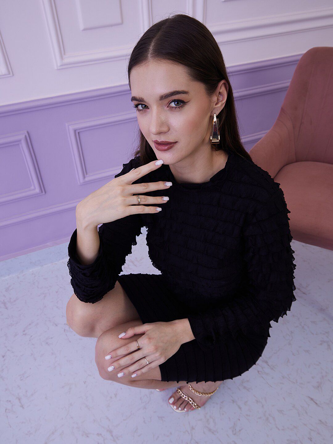 Athena Black Self Design Ruffle Top With Skirt