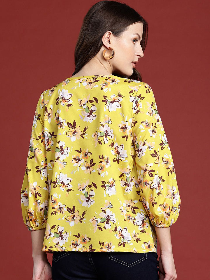 all about you Floral Print Tie-Up Neck Puff Sleeves Top