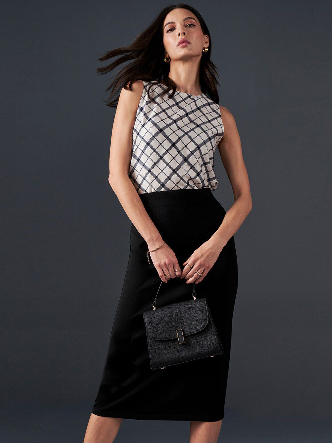 AND Checked Round Neck Styled Back Top