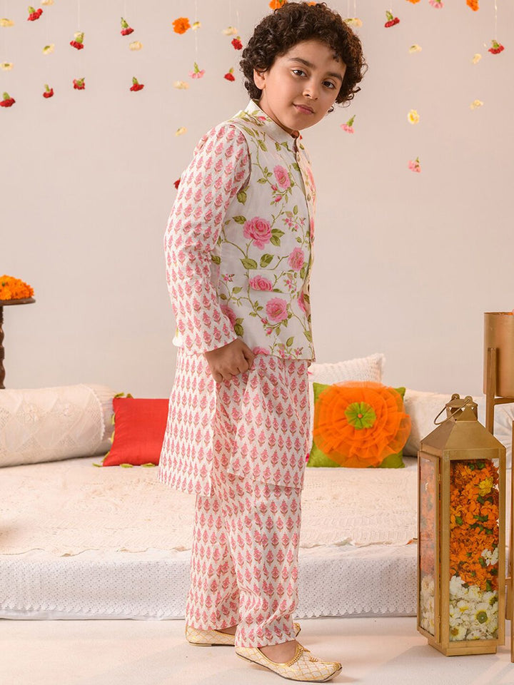 pspeaches Boys Floral Printed Regular Pure Cotton Kurta With Pyjamas & Nehru Jacket