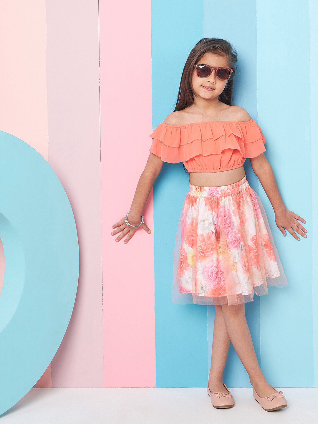 pspeaches Girls Floral Printed Off-Shoulder Top with Skirt