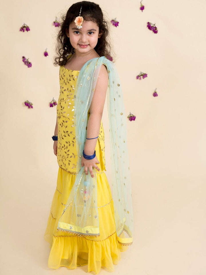 pspeaches Girls Yellow Embroidered Kurti with Sharara & With Dupatta