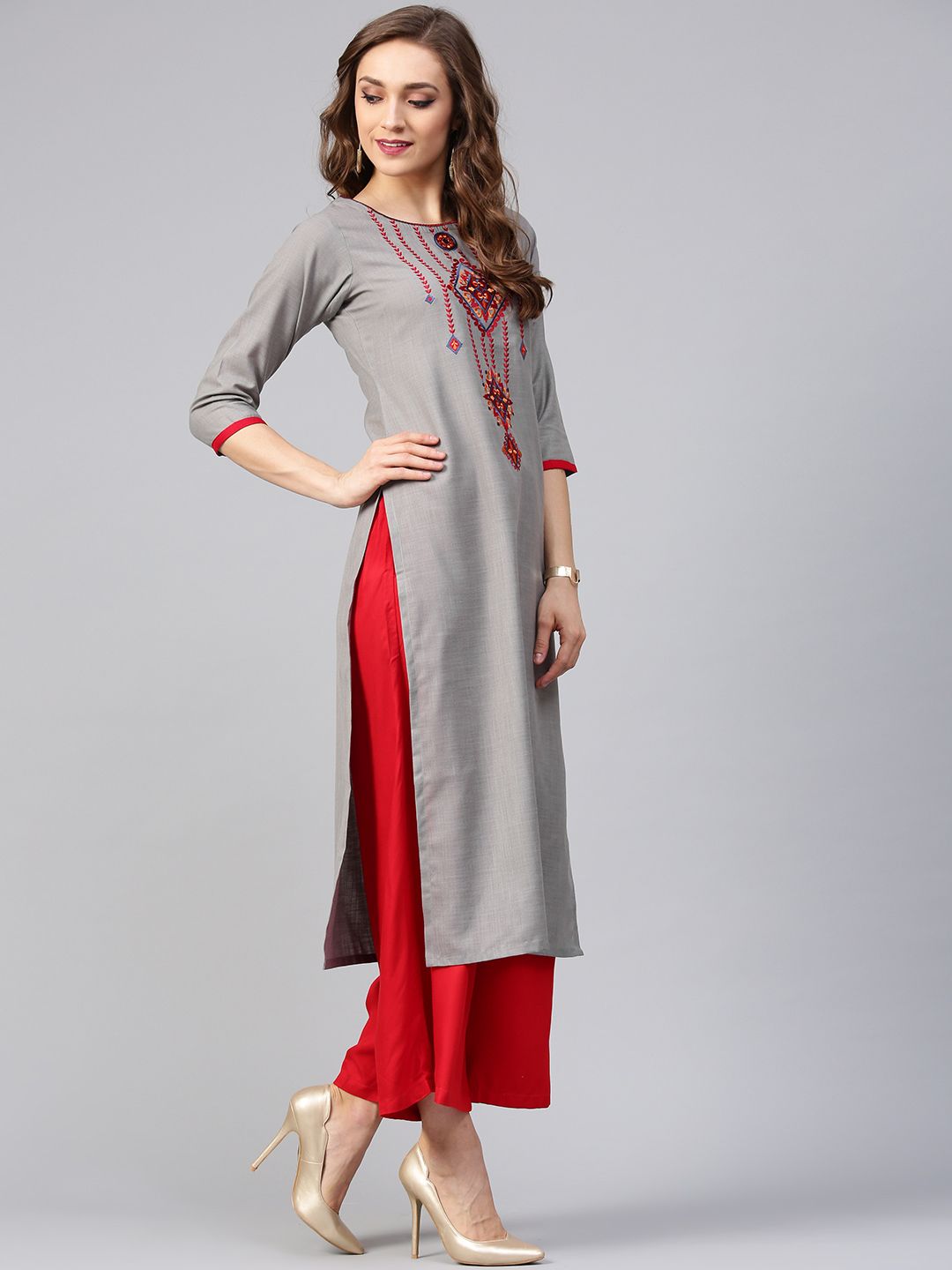Libas Women Grey Yoke Design Straight Kurta
