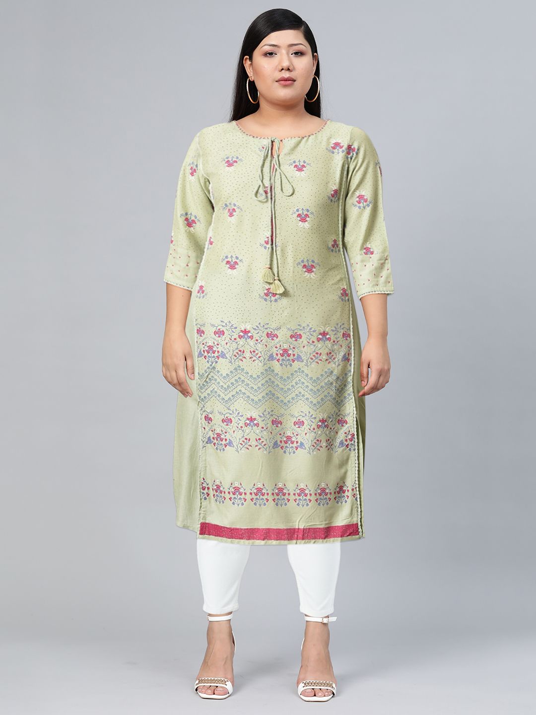 W Women Floral Printed Tie-Up Neck Kurta