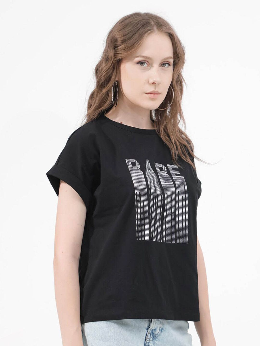 RAREISM BOCATO Graphic Printed Extended Sleeves Cotton Crop T-shirt