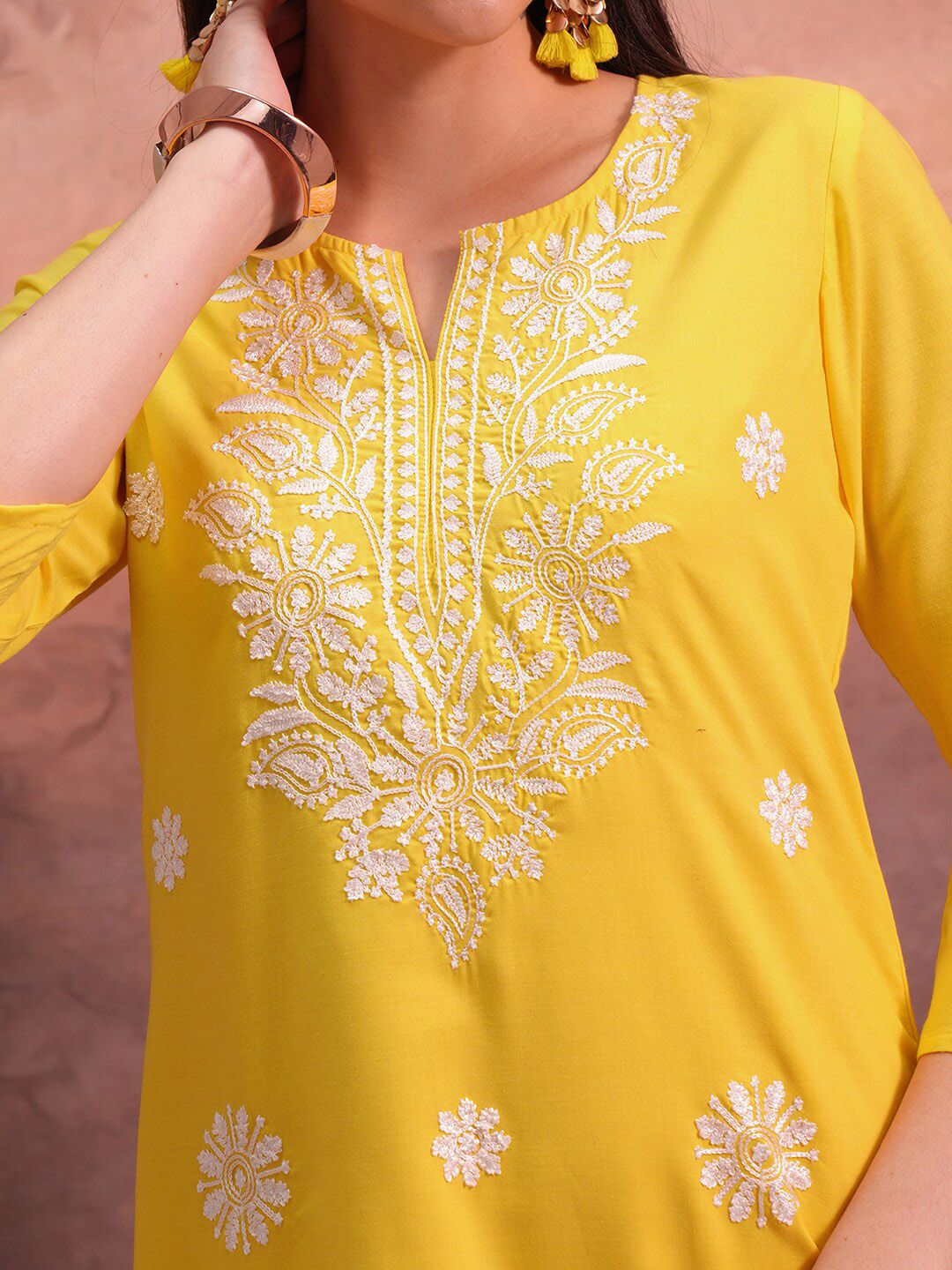 Vishudh Yellow Floral Embroidered Straight Kurta