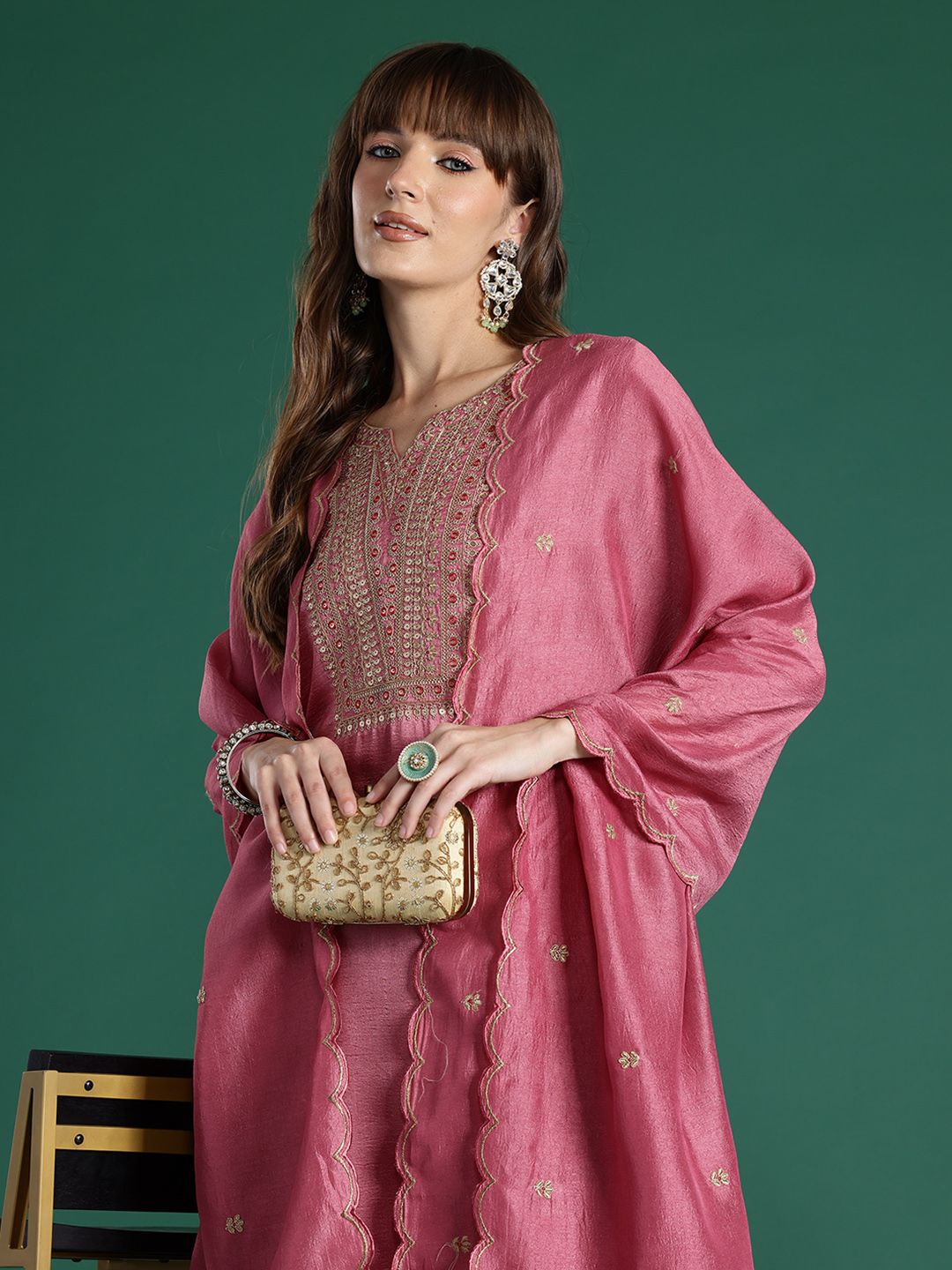 Indo Era Floral Embroidered Sequinned Kurta with Trousers & With Dupatta
