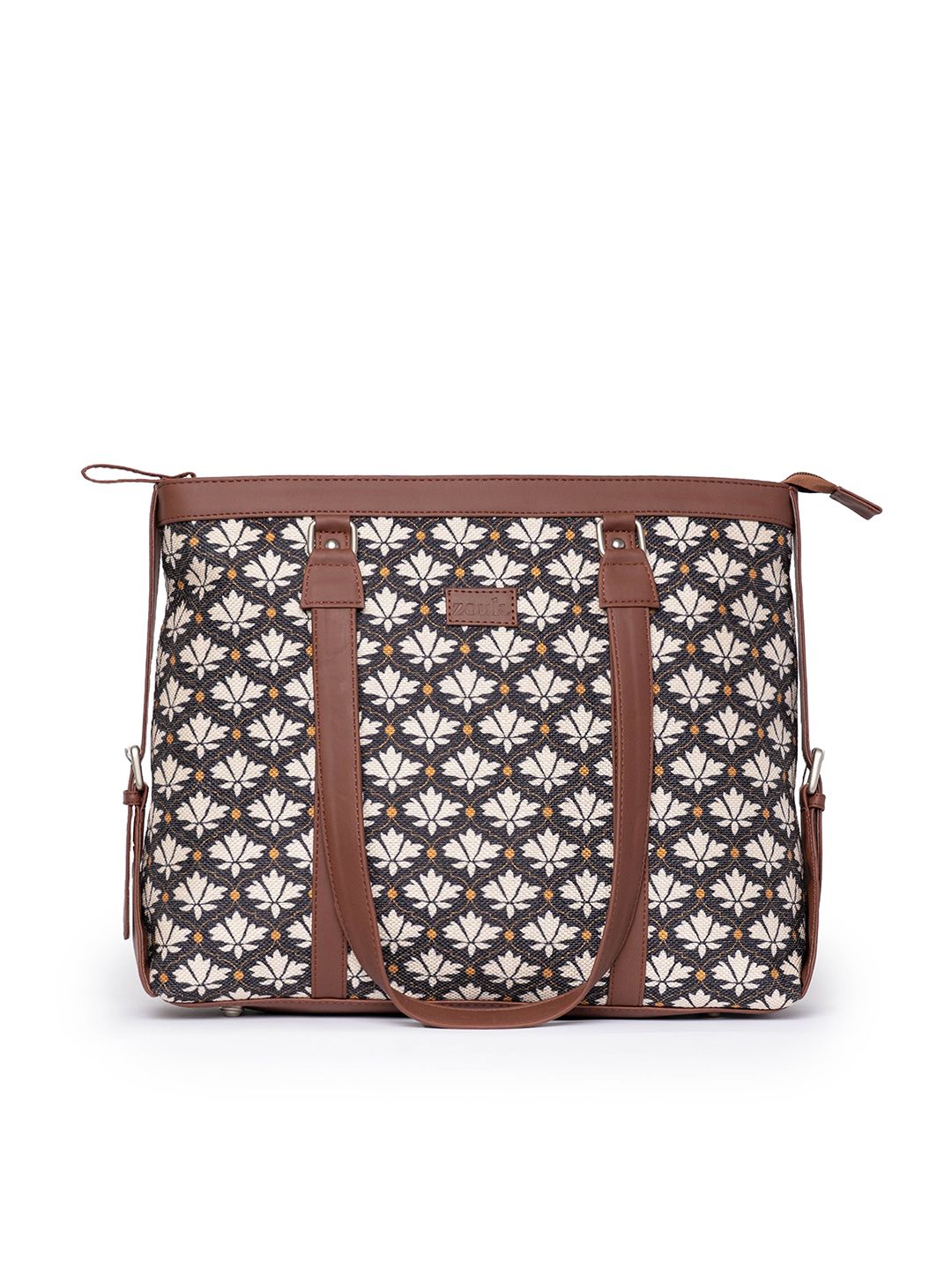 ZOUK Black Floral Print Structured Laptop HandTote Bag
