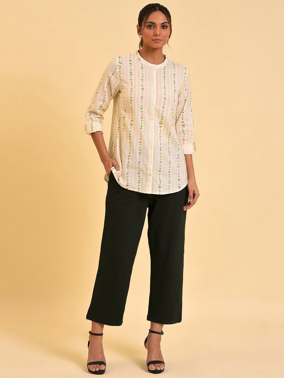 W White Floral Print Roll-Up Sleeves Cotton Top