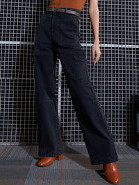 SASSAFRAS Women Black Straight Fit High-Rise Light Fade Stretchable Cargo Jeans