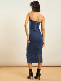 SASSAFRAS Blue Strapless Denim Bodycon Midi Dress