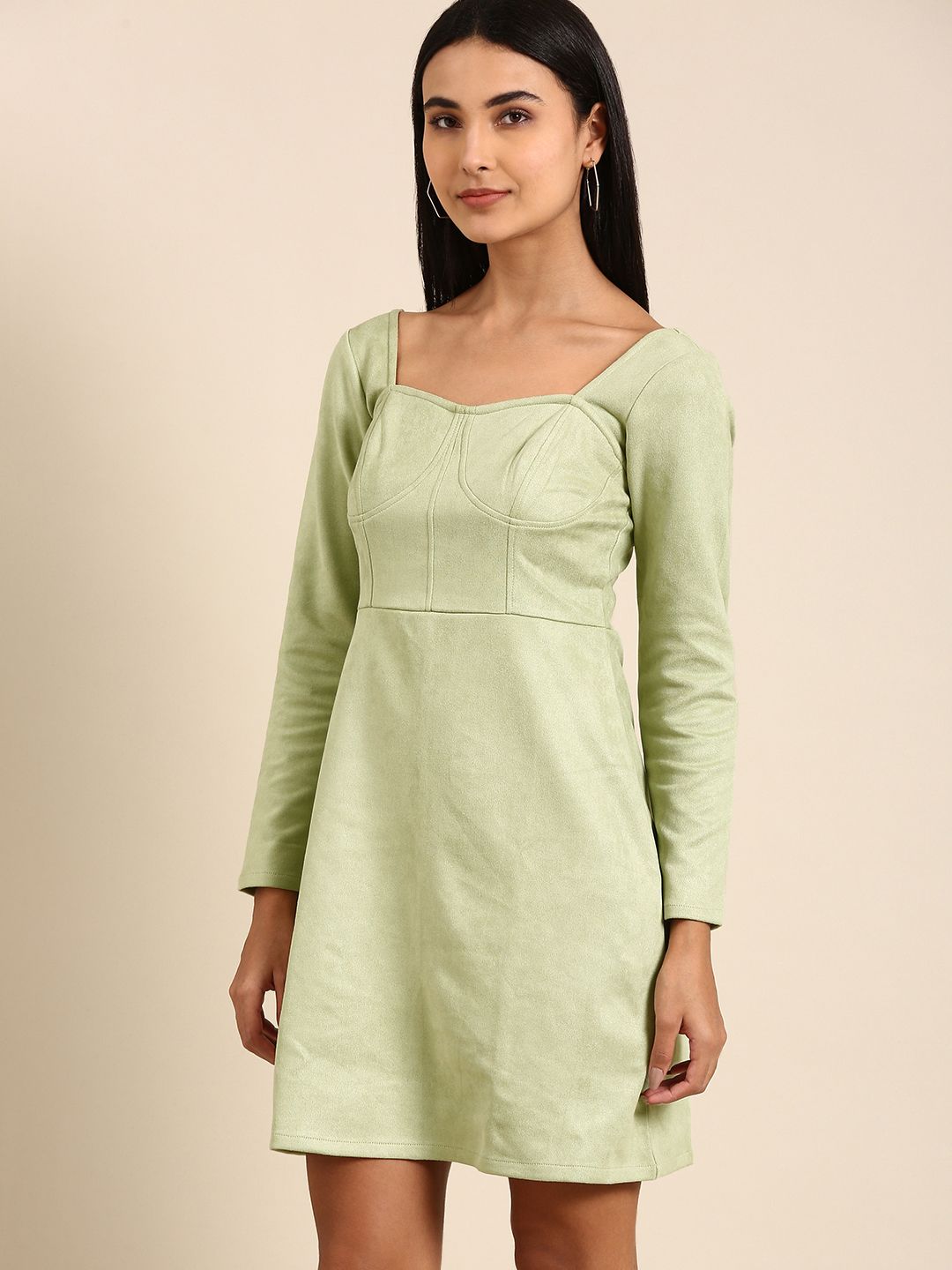 Athena Green Solid Above Knee A-Line Dress