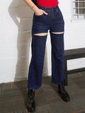 SASSAFRAS Women Straight Fit High-Rise Slash Knee Stretchable Jeans