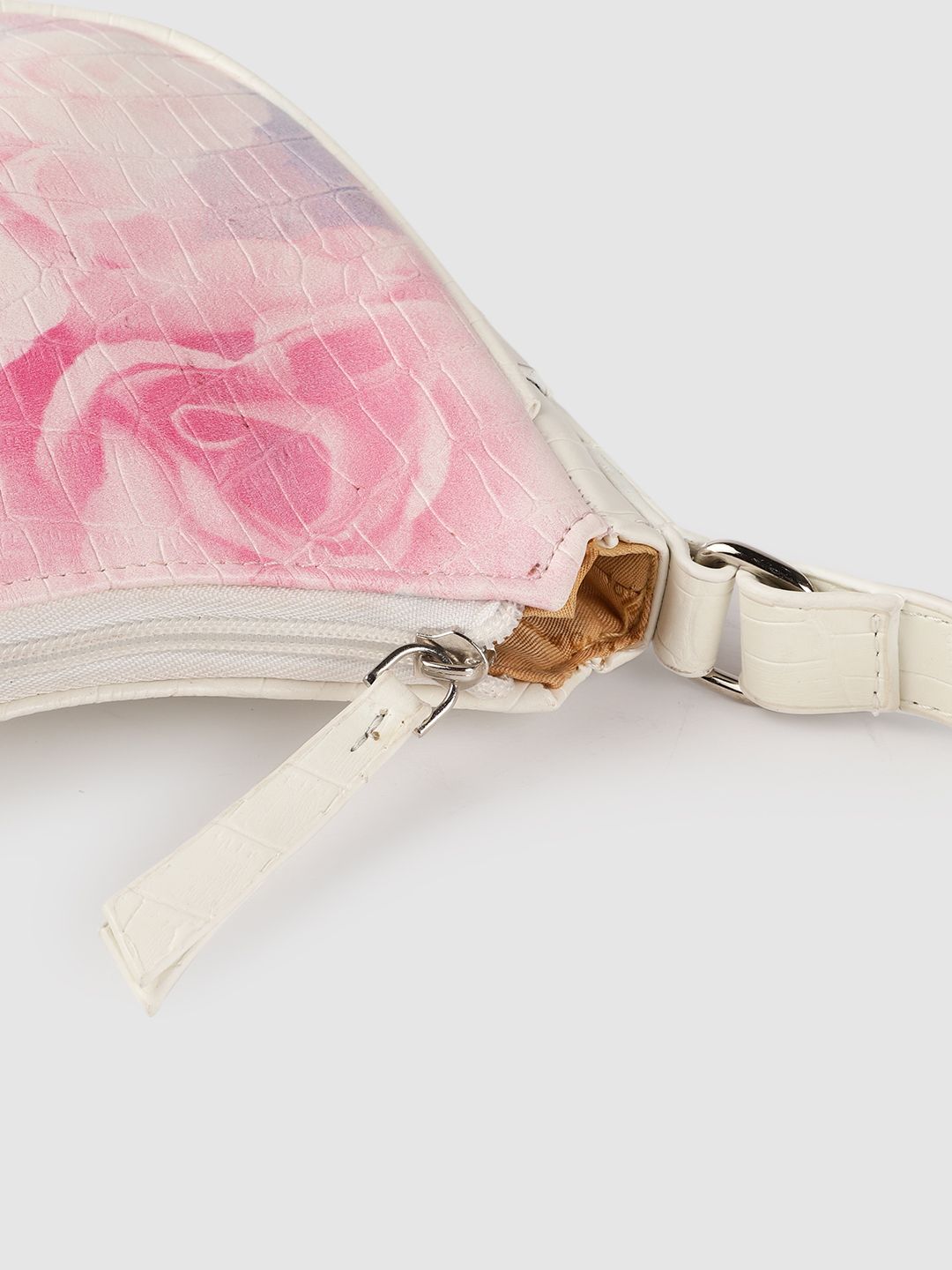 Lino Perros Women Off-White & Pink Floral Printed Croc Textured Structured Baguette Bag