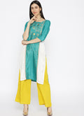 Women Green & White Printed Colourblocked Straight Kurta