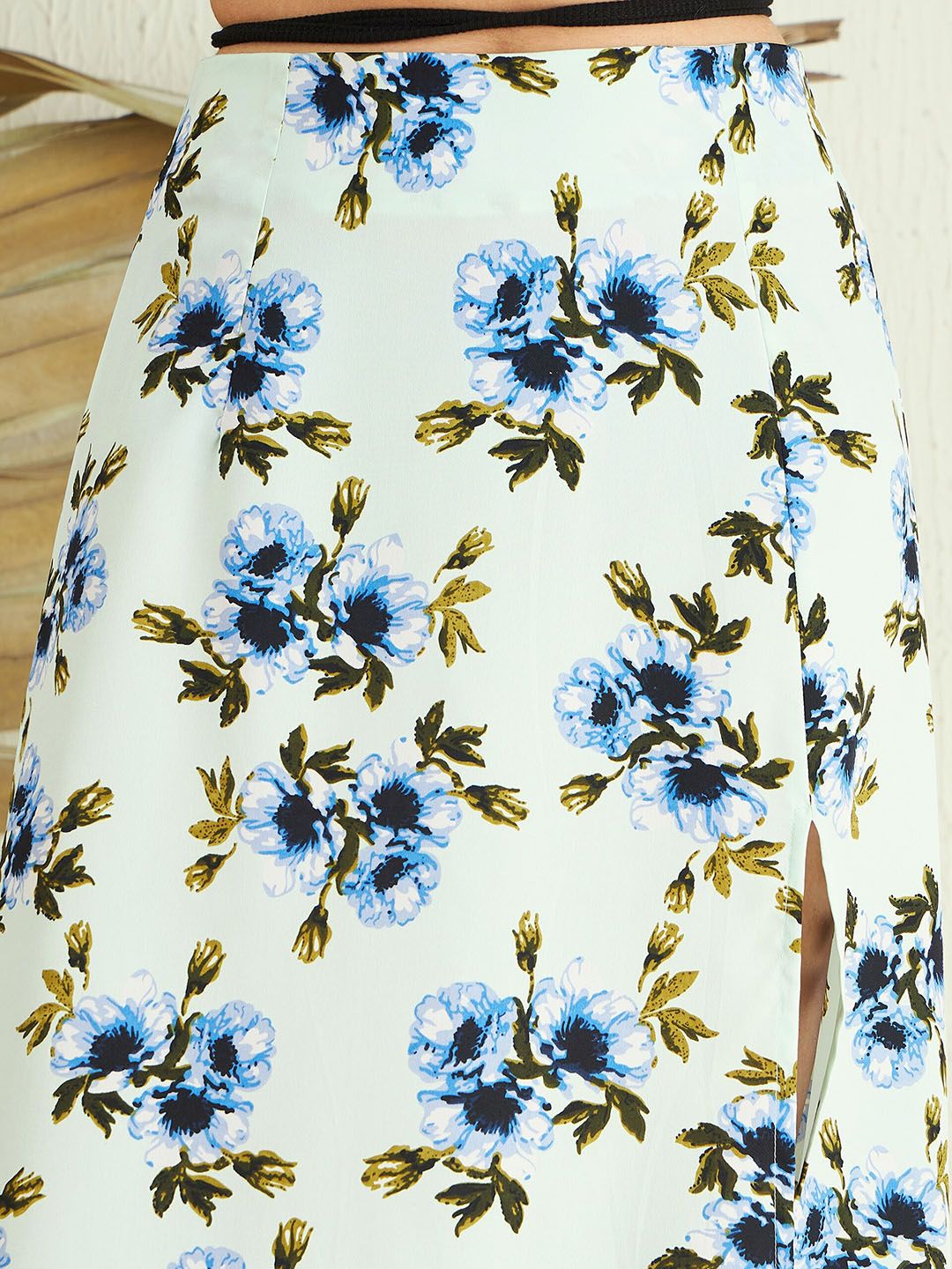 Berrylush Green Blue Floral Printed High Rise Side Slit A-Line Maxi Skirt