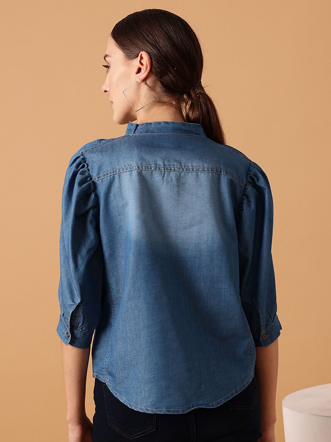 STREET 9 Puff Sleeves Pure Cotton Denim Mandarin Collar Shirt Style Top