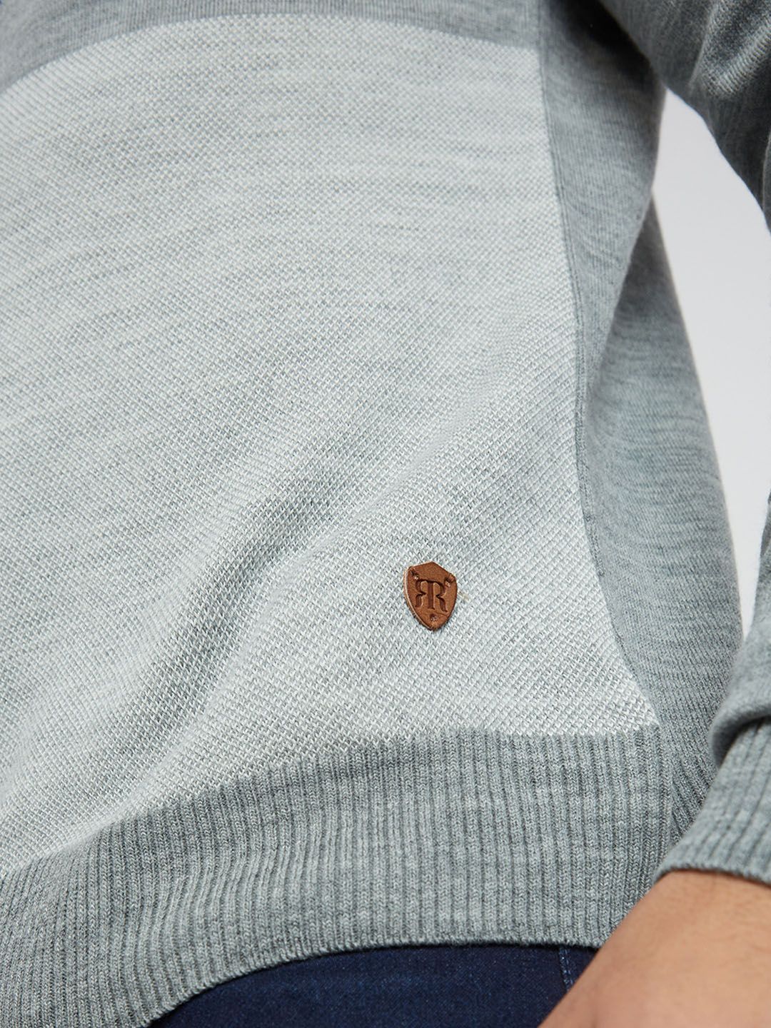 Raymond Men Grey Melange & Blue Striped Woolen Pullover