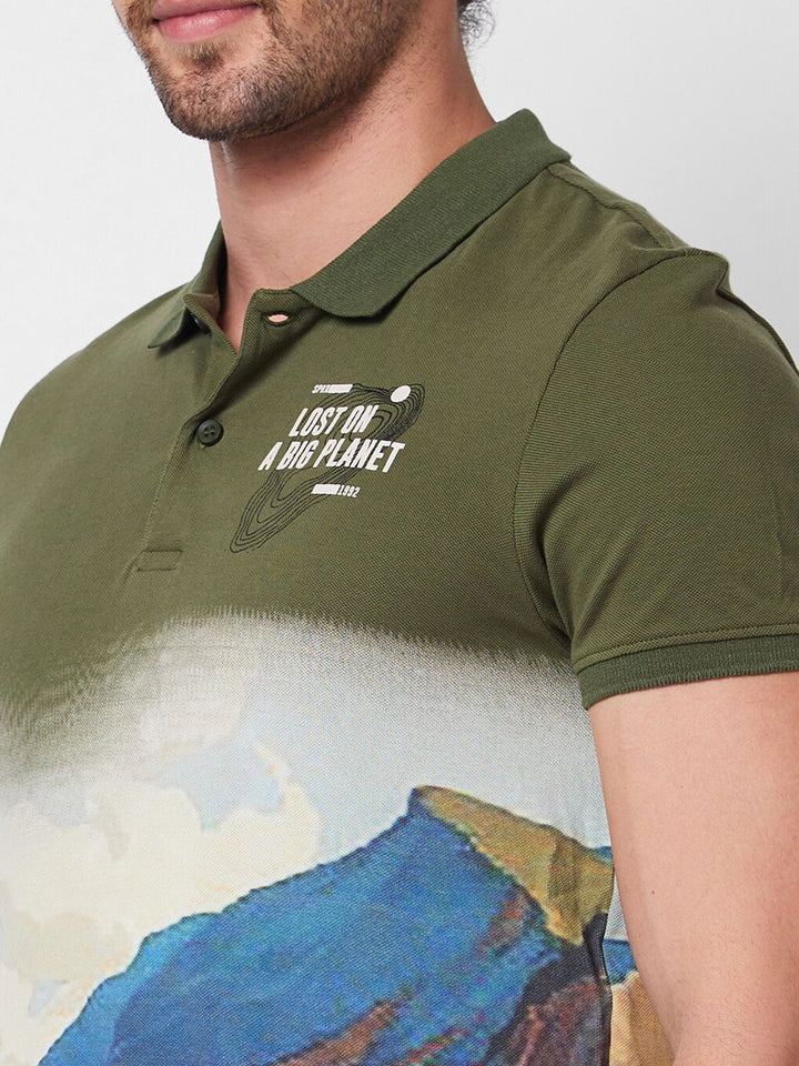 SPYKAR Graphic Printed Polo Collar Pure Cotton Slim Fit T-shirt