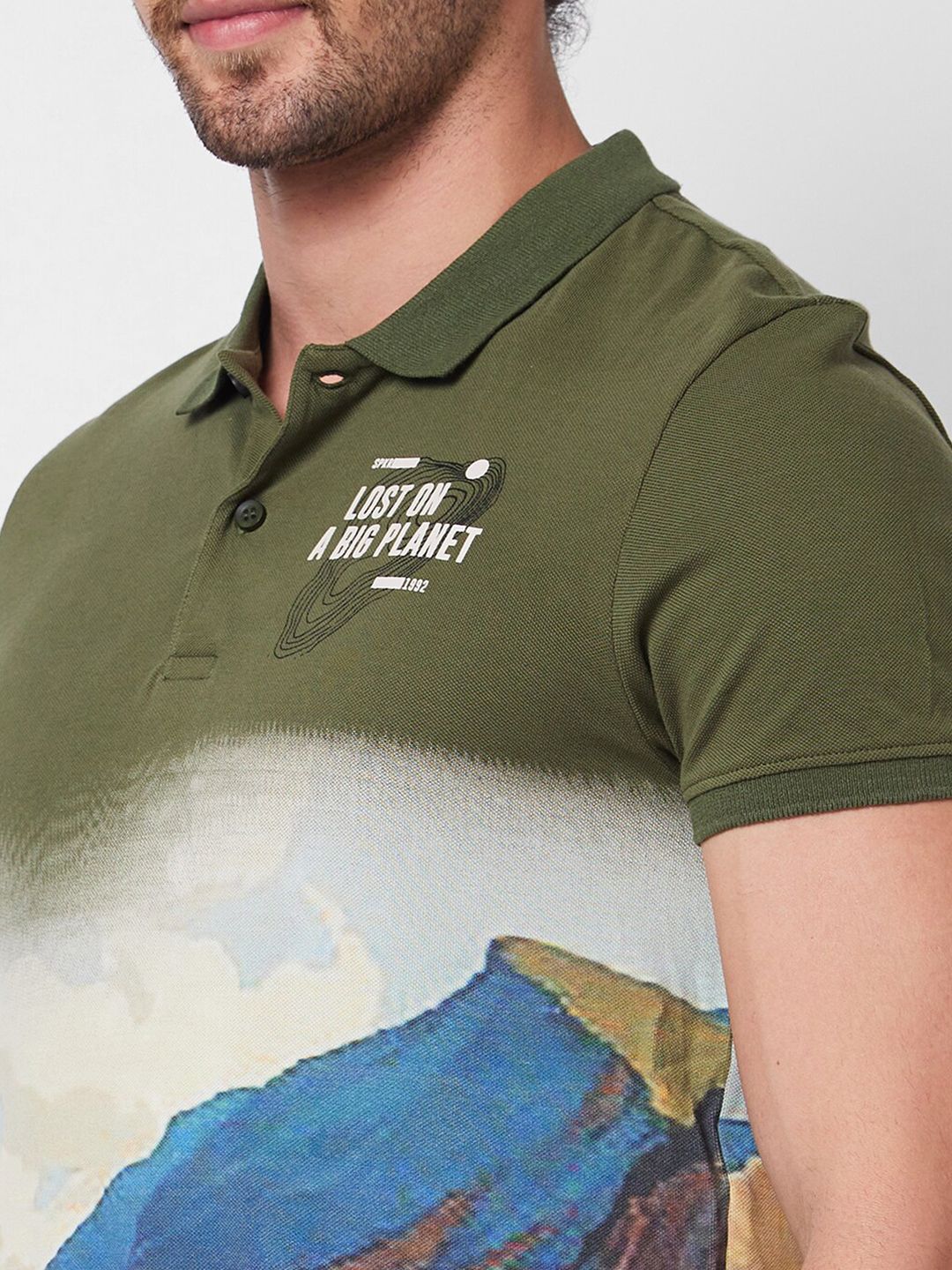 SPYKAR Graphic Printed Polo Collar Pure Cotton Slim Fit T-shirt