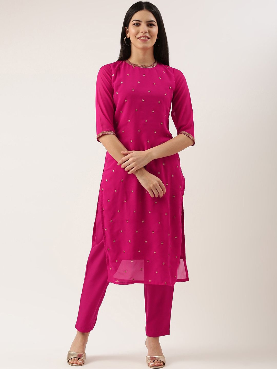 KALINI Round Neck Floral Embroidered Sequinned Kurta with Trousers