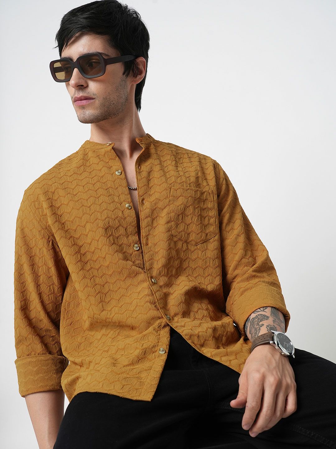 VASTRADO Men Classic Band Collar Textured Slim Fit Casual Shirt