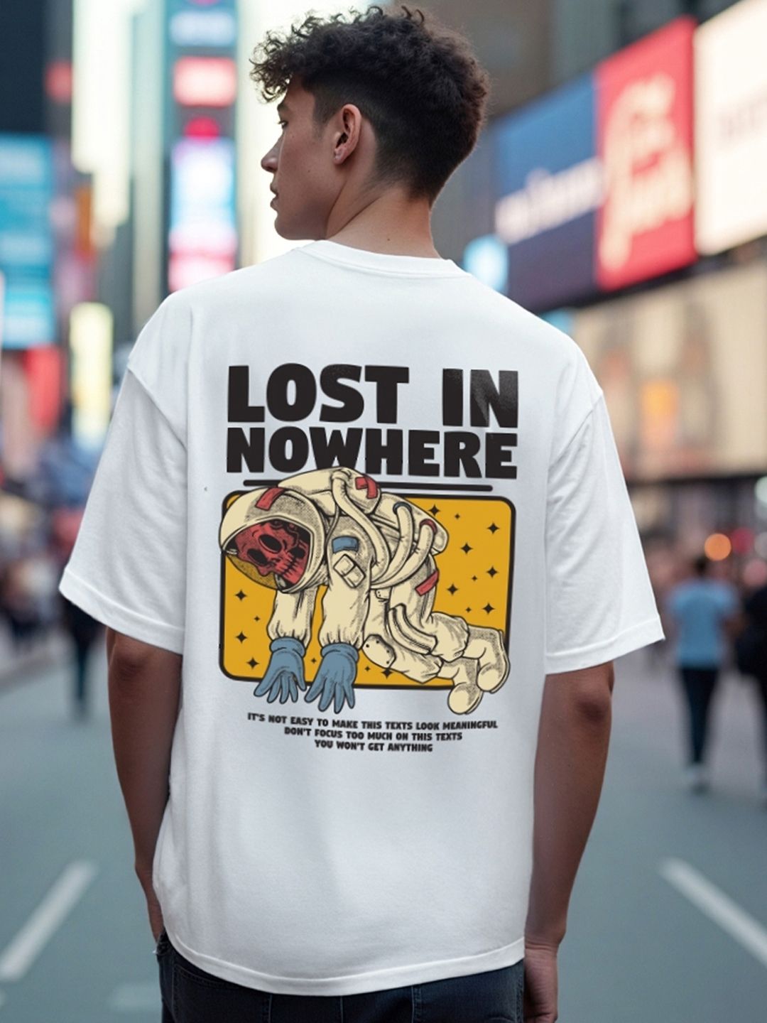 Bewakoof Lost in Nowhere Graphic Printed Drop-Shoulder Oversized Pure Cotton T-shirt