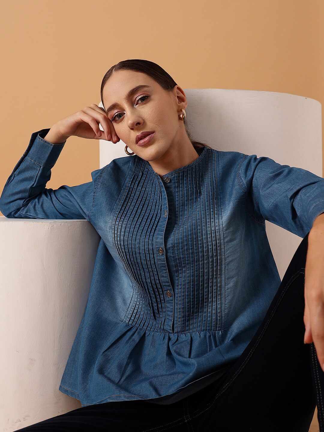 STREET 9 Pin Tucked Cotton Denim Top