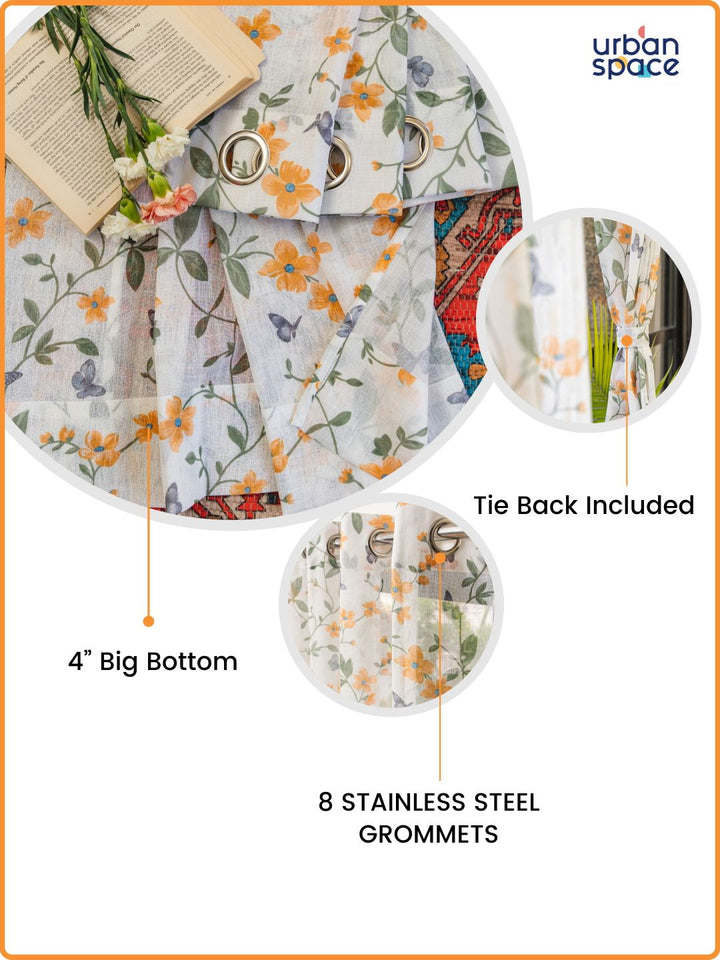 URBAN SPACE Yellow & White Set of 2 Floral Sheer Window Curtain