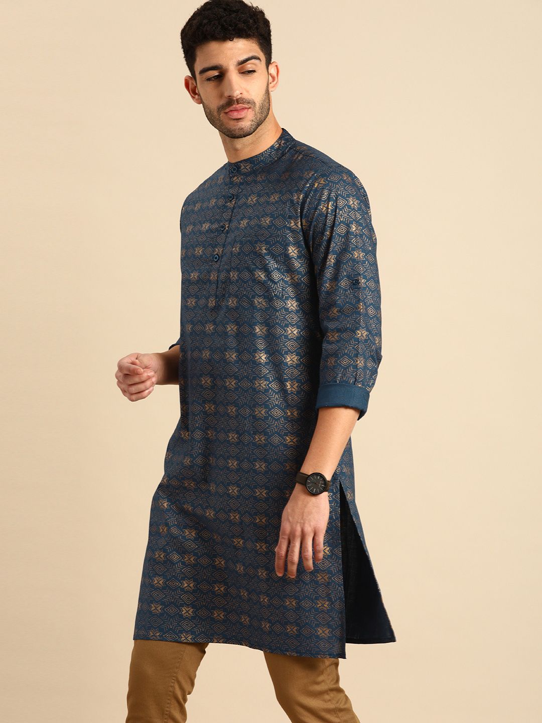 Anouk Men Navy Blue & Gold-Toned Printed Kurta