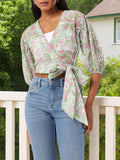 DressBerry Trendy Blossom Print Semi Sheer Crop Wrap Top With Inner Slip