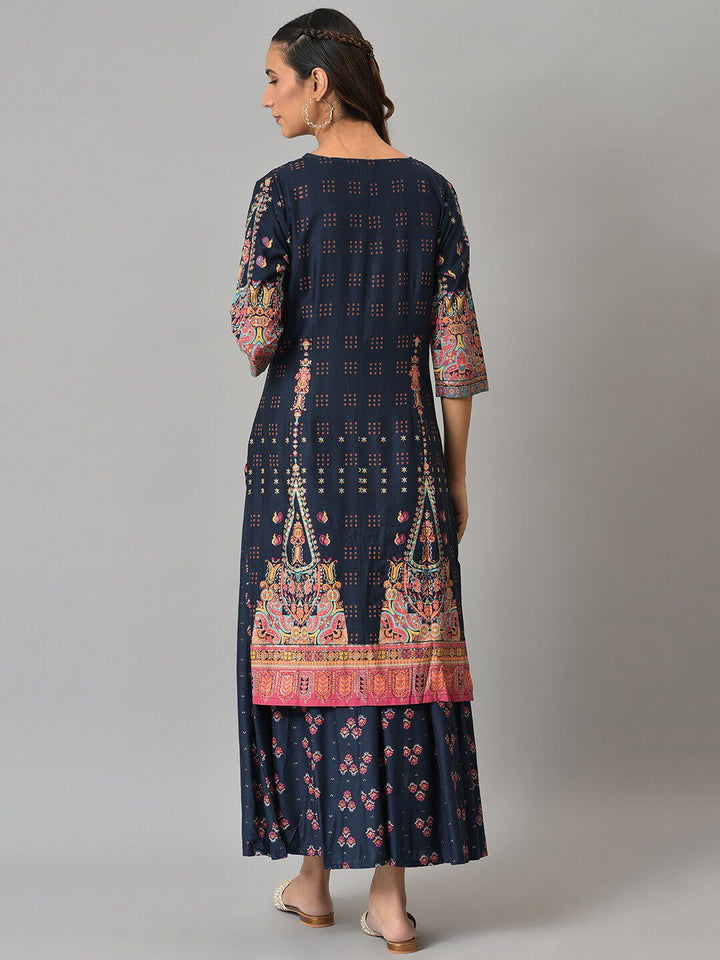 W Blue Ethnic Motifs Layered Ethnic Maxi Dress
