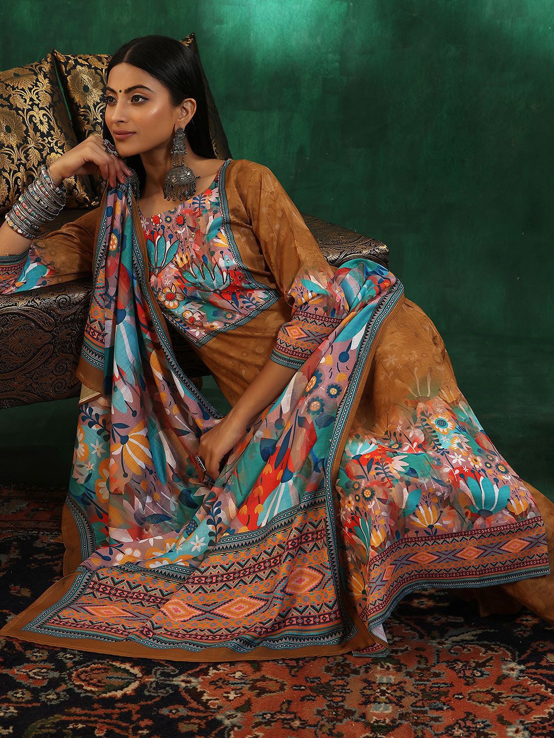 Libas Floral Printed Regular Sequinned Linen Straight Kurta with Trousers & Dupatta