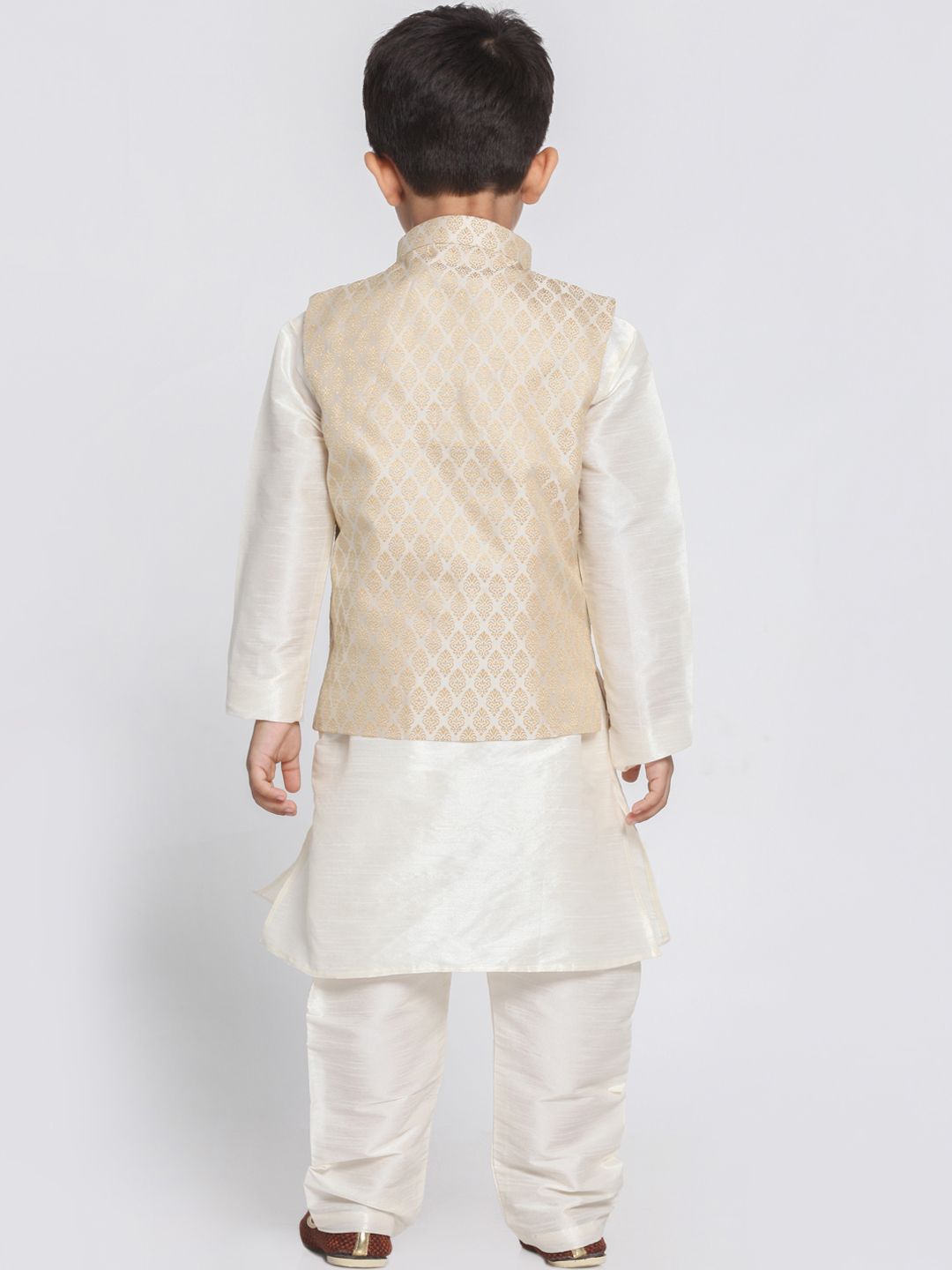 VASTRAMAY Boys Cream-Coloured Self Design Kurta with Churidar & Jacket