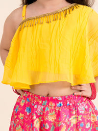 pspeaches Girls Coral & Yellow Ready to Wear Lehenga Choli