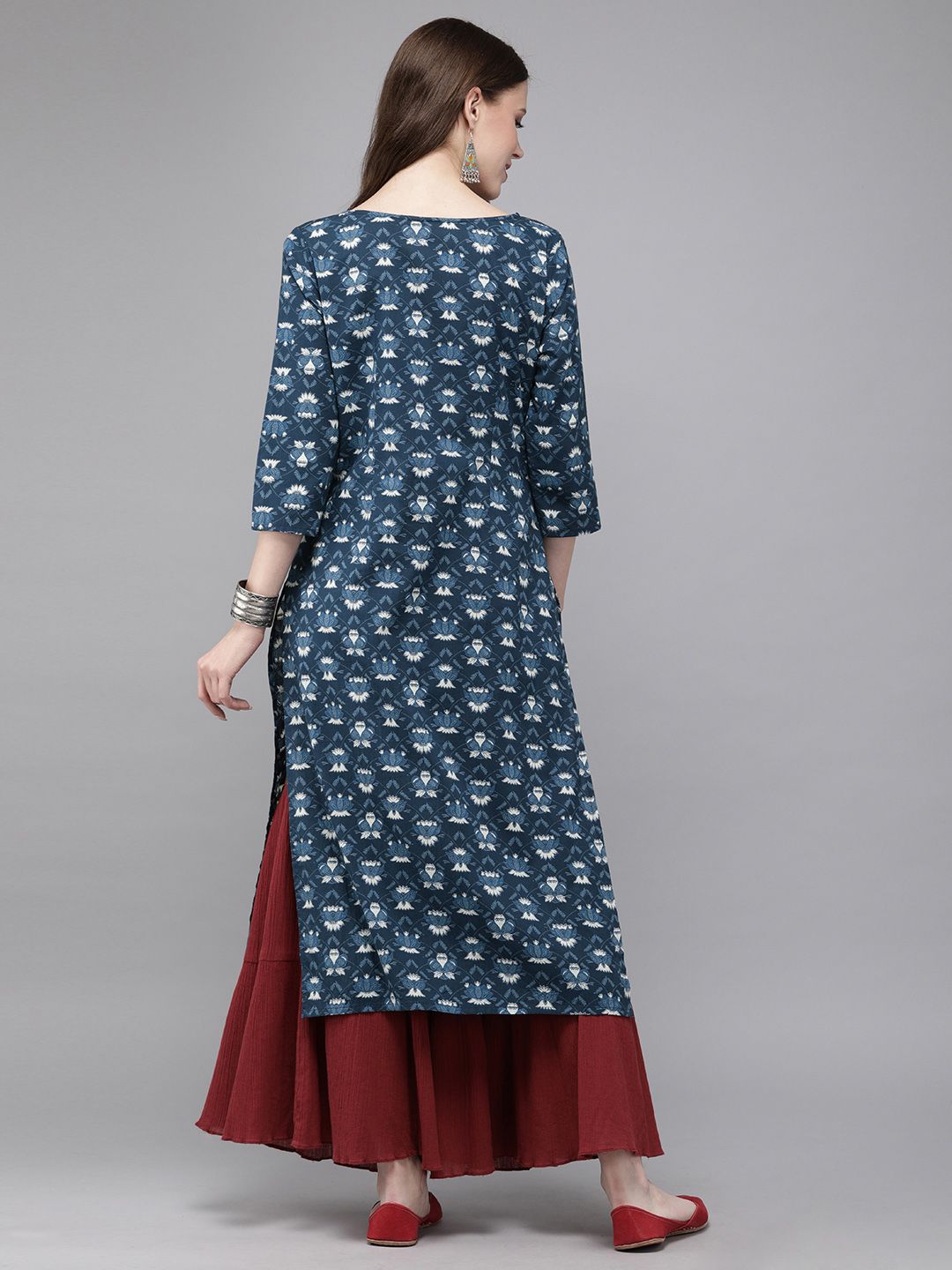 Anouk Women Navy Blue & Off-White Printed Straight Kurta