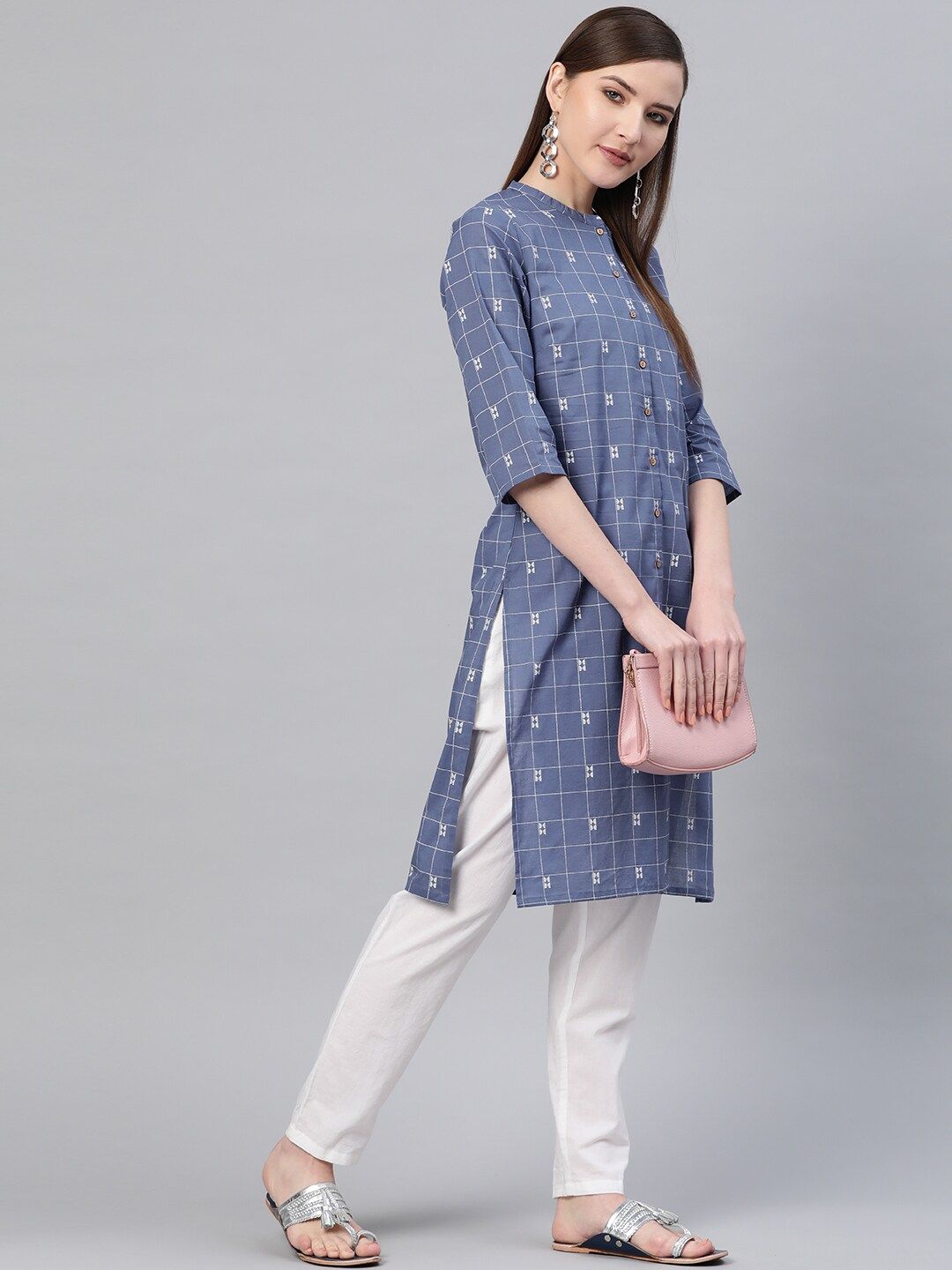 W Women Checked & Printed Cotton Straight Kurta