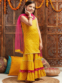 pspeaches Girls Ethnic Motifs Printed Regular Mirror Work Kurta With Sharara & Dupatta