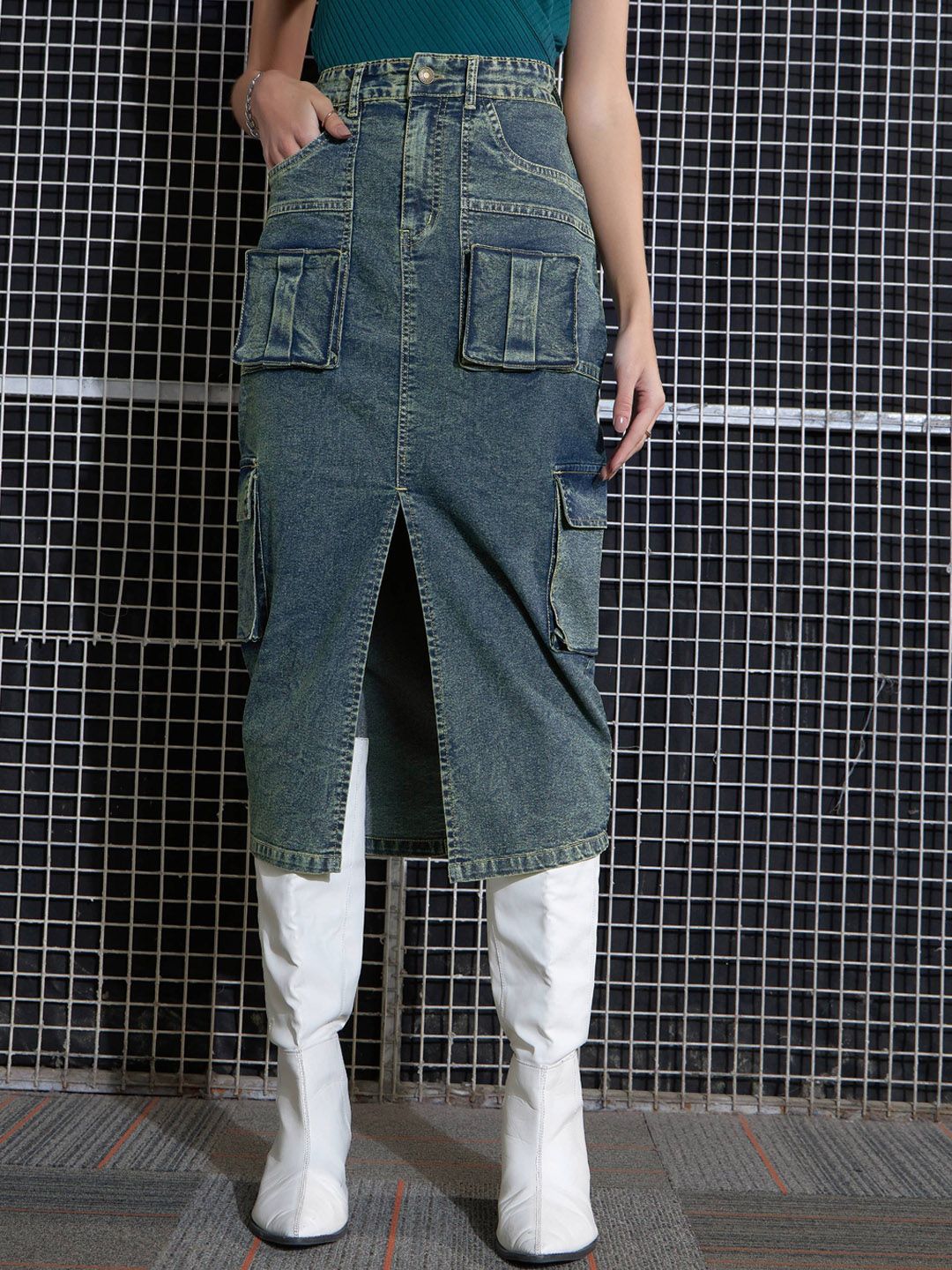 SASSAFRAS Green Washed Cargo Pencil Midi Denim Skirt