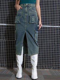 SASSAFRAS Green Washed Cargo Pencil Midi Denim Skirt
