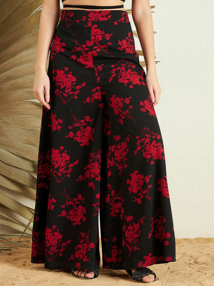 Berrylush Women Black Red Floral Printed Loose Fit High-Rise Parallel Trousers