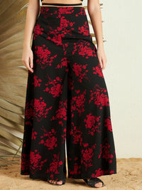 Berrylush Women Black Red Floral Printed Loose Fit High-Rise Parallel Trousers