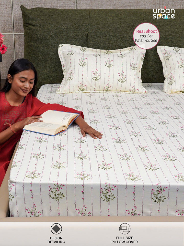 URBAN SPACE Pink & White Floral Printed Cotton 200 TC Single Bedsheet With 2 Pillow Covers