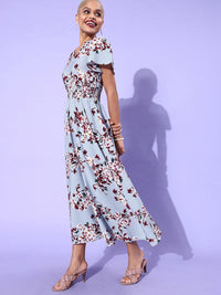 Berrylush Blue & Red Floral Crepe Maxi Dress